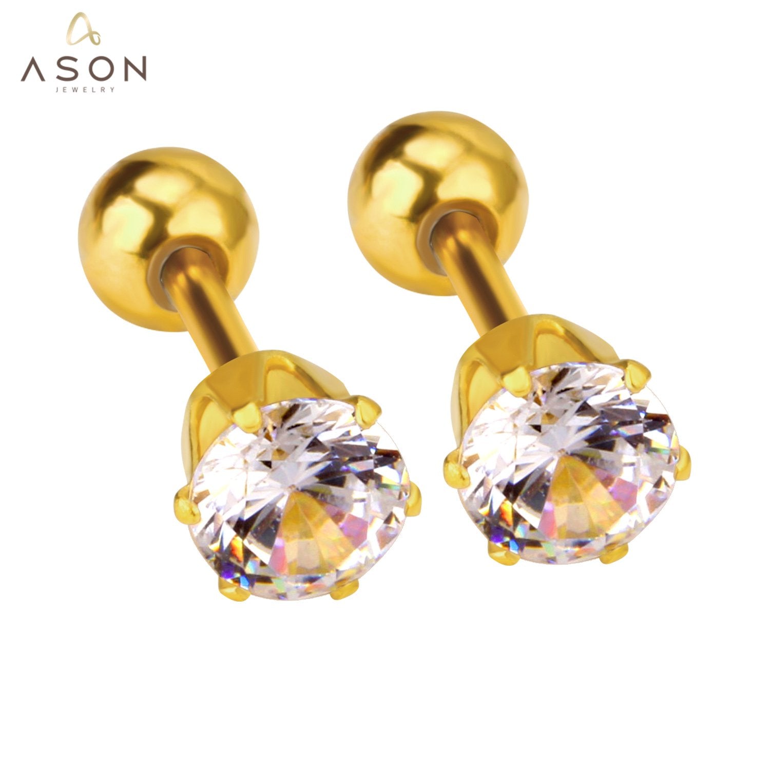 ASON Size 3mm/4mm/5mm Gold Color Cubic Zirconia Round Screw Piercing Stud Earring Stainless Steel Earring For Women Jewelry asonjewelry